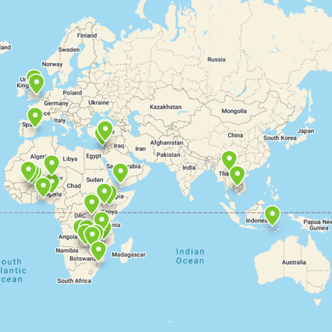 A world map showing multiple green location markers across parts of Europe, Africa, the Middle East, and Southeast Asia.