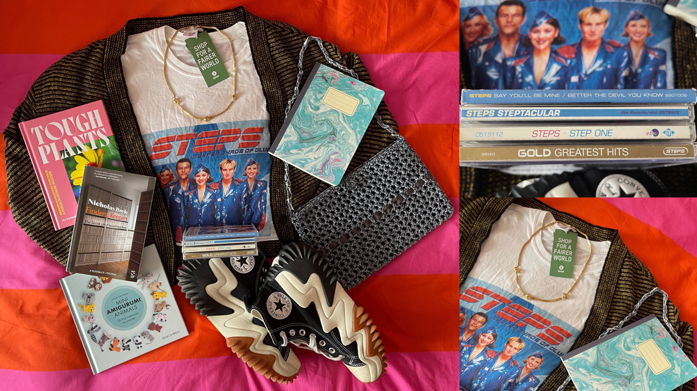 Selection of charity shop purchases including a STEPS t-shirt, a collection of STEPS CD's, book on crocheting, some converse, a crocheted bag and cardigan.