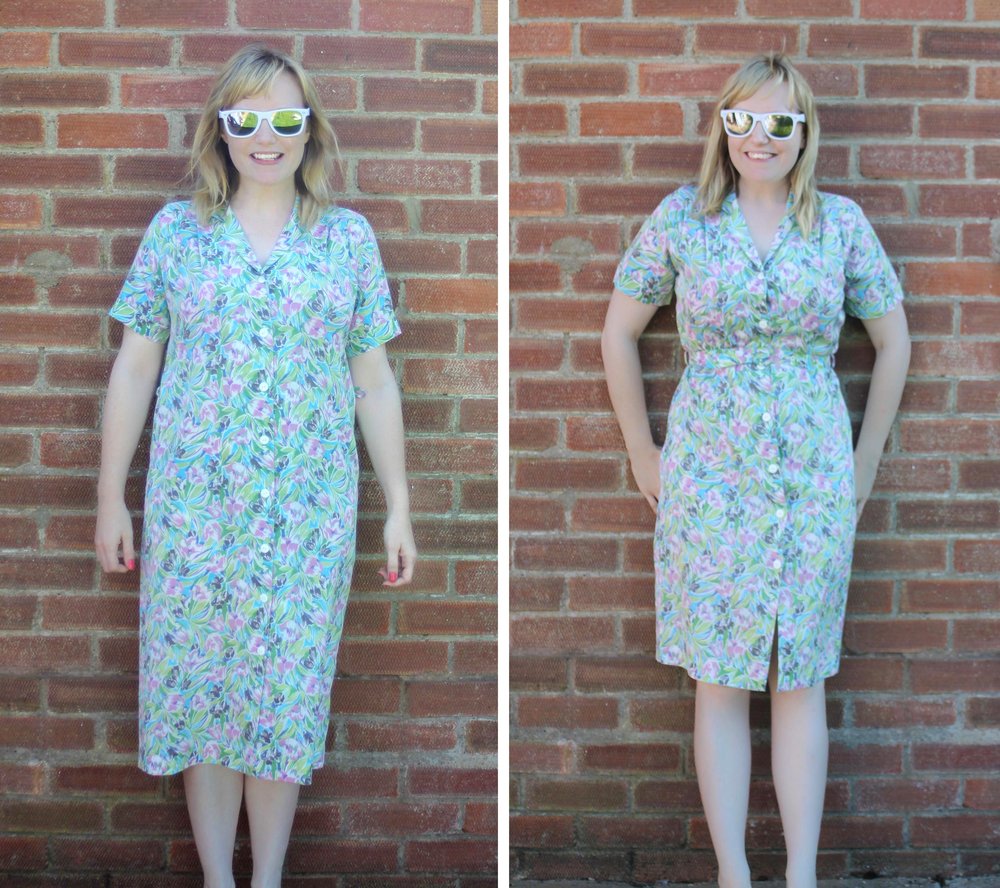 A before-and-after image of Cassie wearing a blue dress that she has made shorter by taking the skirt up at the waist. Photo: Cassie Fairy