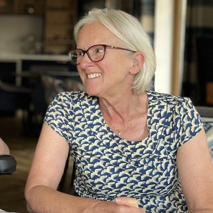 Smiling person with short grey hair and glasses seated at a table, looking to the side, wearing a patterned blue top.