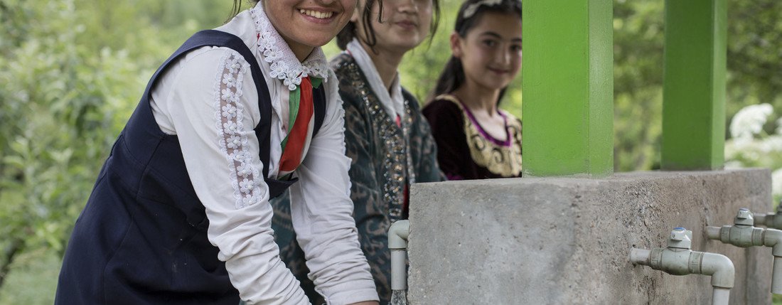 Oxfam has built a new toilet block at this school in Tajikistan, complete with a new handwashing station.
