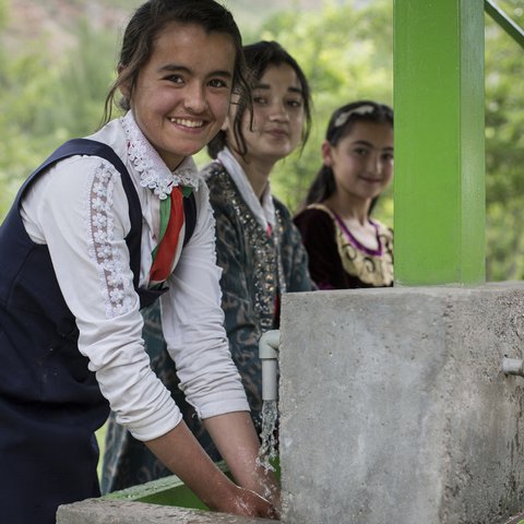 Oxfam has built a new toilet block at this school in Tajikistan, complete with a new handwashing station.
