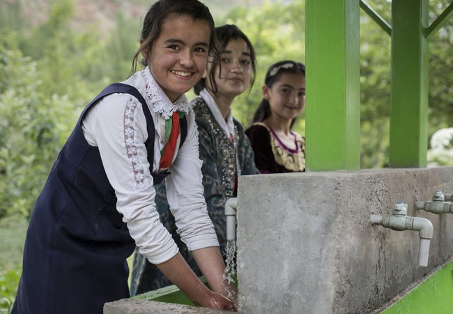 Oxfam has built a new toilet block at this school in Tajikistan, complete with a new handwashing station.