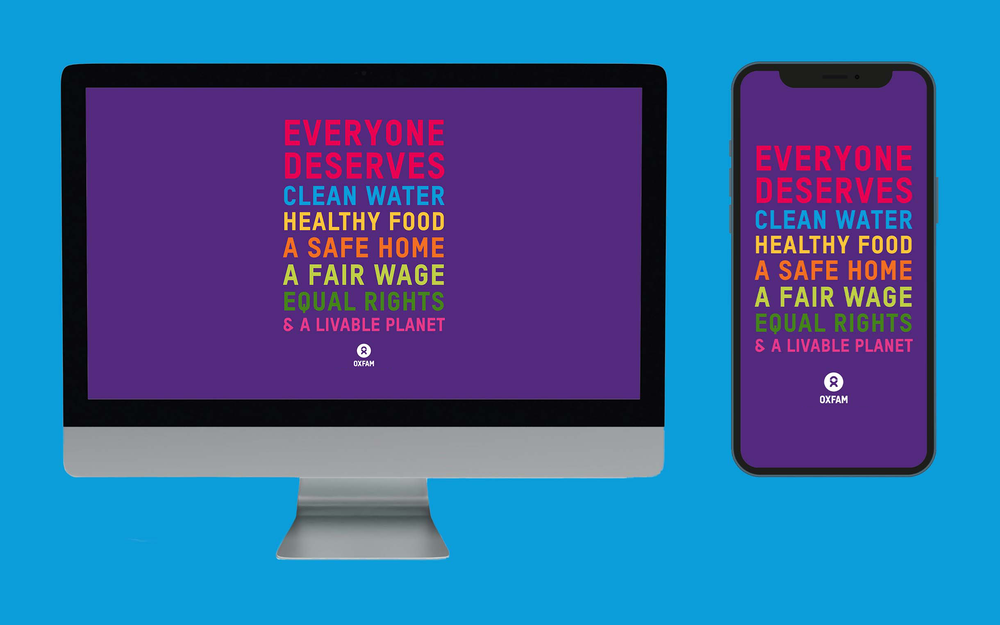 A preview image depicting Oxfam's desktop and mobile wallpapers on a laptop and a mobile screen.