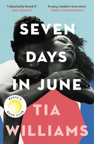 Book cover of Seven Days in June by Tia Williams. A photo of a couple embracing fills the cover, with a pale blue background and red geometric shape. The title appears in large white letters layered over the image.