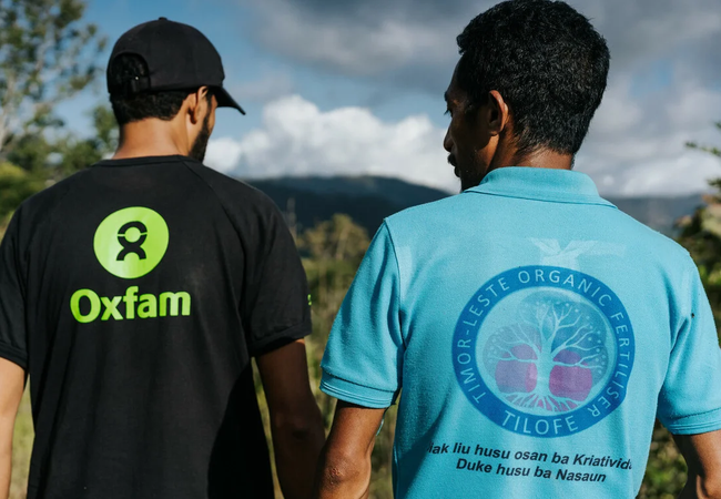 Timor-Leste: Adilson da Costa Junior, Oxfam in Timor-Leste’s Strategy and Engagement Lead and Zaquiel Martins de Carmo, the founder of Timor-Leste Organic Fertiliser Enterprise who produce commercial organic fertiliser.