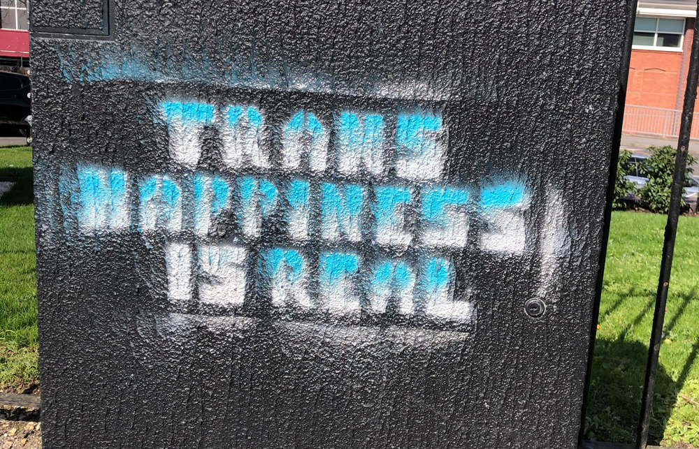 An electricity box with setncil art on it that says trans happiness is real