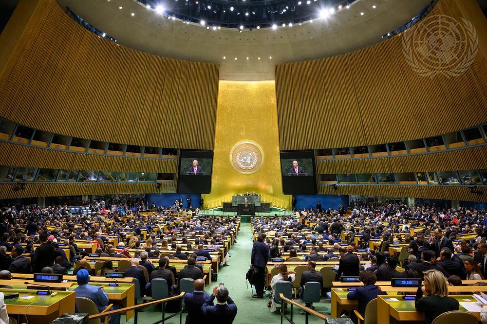 A wide view of the General Assembly Hall as Secretary-General António Guterres (at podium and on screens) opens the general debate of the General Assembly's eighty-first session.