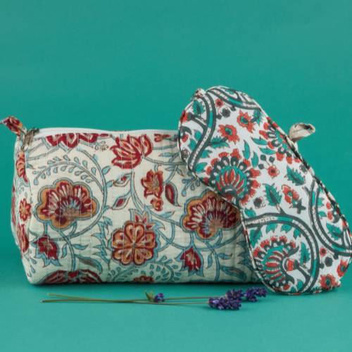 Printed washbag and eye mask from Sourced by Oxfam