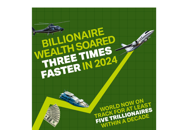 Green image with helicopter, private jet and super yacht and money. Text reads: Billionaire wealth soard three times faster in 2024. World now on track for at least 5 trillionaires within a decade.