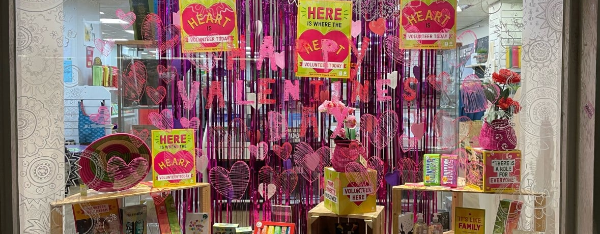A Valentine's Day themed Oxfam Shop window in Manchester