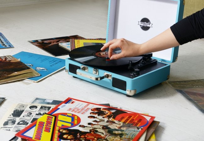 A vinyl record playing on a turntable