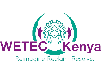 Wetec Kenya in purple. Open green circle with a woman's head inside, she has long hair and a flower headdress. Caption in light green: Reimagine, Reclaim, Resolve.