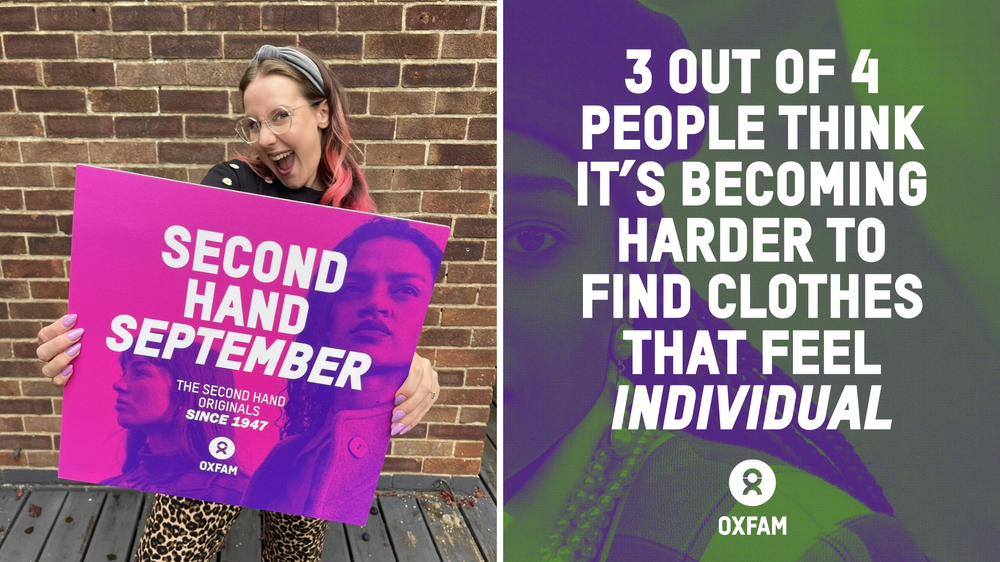 Zara holding Second Hand September sign, next to it an image of a stat graphic which says 3 out of 4 people think its becoming harder to find clothes that feel individual