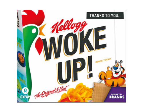 A poster parodying a Kellogg Cornflakes packet. Text reads "Kellogg Woke Up!"