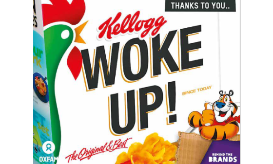 A poster parodying a Kellogg Cornflakes packet. Text reads "Kellogg Woke Up!"