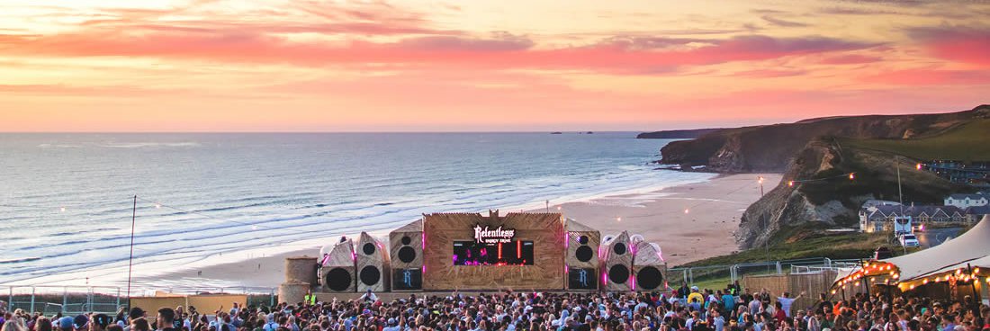 A view of the main stage, cliffs and beach at Boardmasters