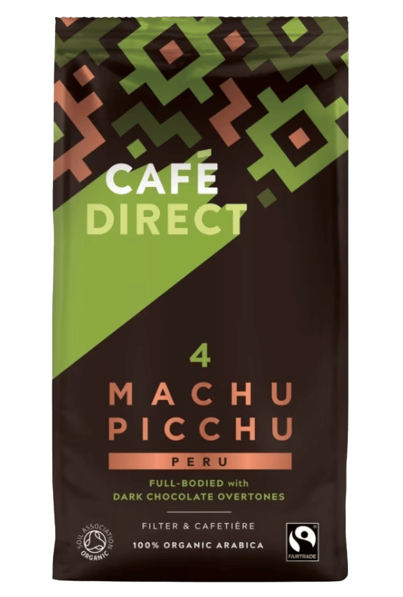 A brown coffee bag with geometric gold and bronze detailing text reads "Café Direct Machu Picchu coffee" this is a full-bodied blend with dark chocolate overtones.