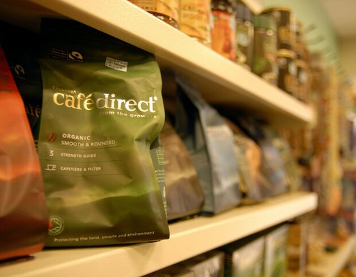 Cafe Direct and other Fair Trade products on sale in an Oxfam shop. Photo: Oxfam