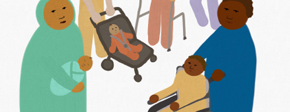 Illustration of people in various caring roles including pushing a wheelchair, holding a baby