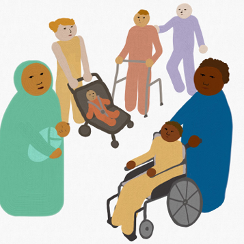 Illustration of people in various caring roles including pushing a wheelchair, holding a baby