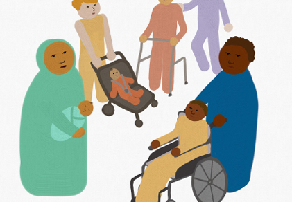 Illustration of people in various caring roles including pushing a wheelchair, holding a baby