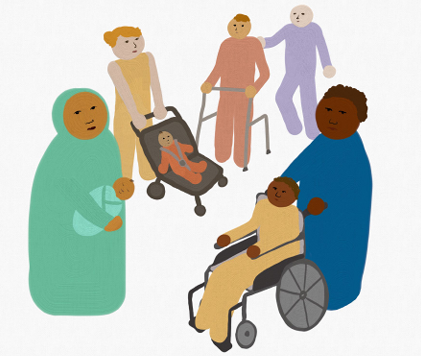 Illustration of people in various caring roles including pushing a wheelchair, holding a baby