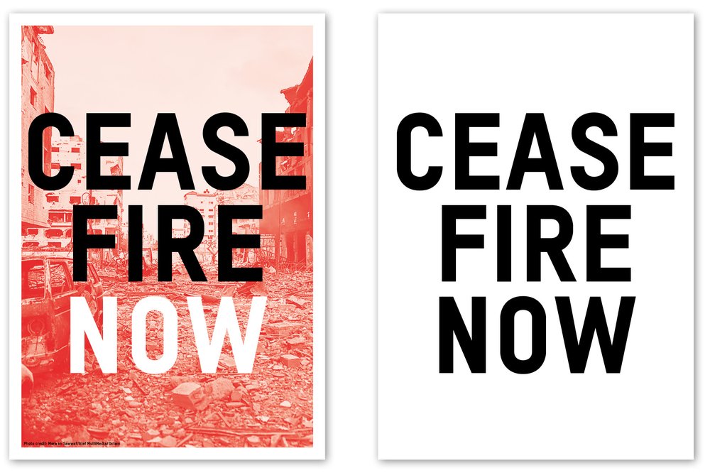 Ceasefire now posters in colour and black and white.