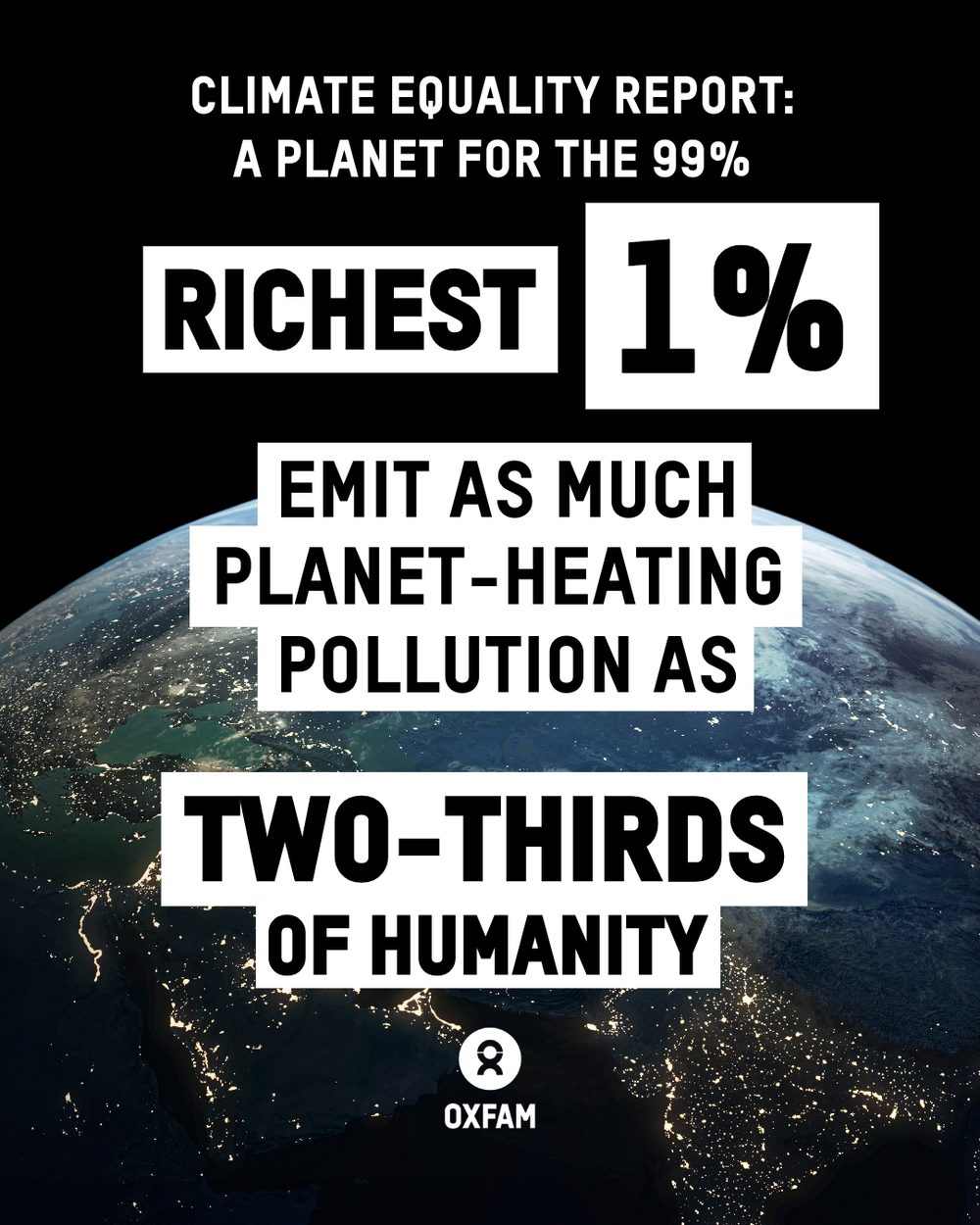 An image of planet earth. Text reads: 'Climate equality report: a planet for the 99%'