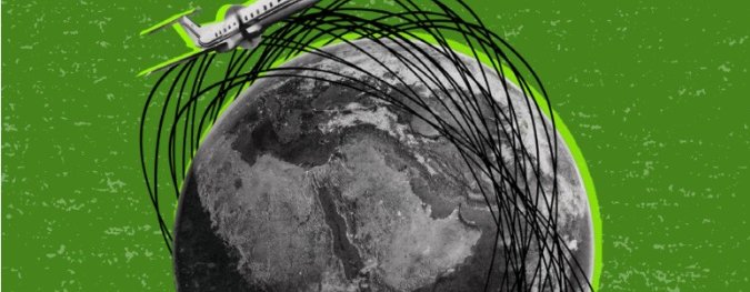 A stylised illustration of a private jet flying above a grayscale Earth, with messy black loops encircling the planet, all set against a textured green background.