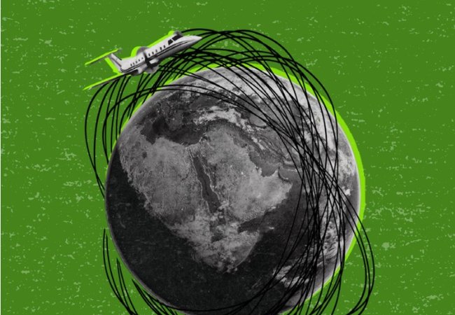 A stylised illustration of a private jet flying above a grayscale Earth, with messy black loops encircling the planet, all set against a textured green background.