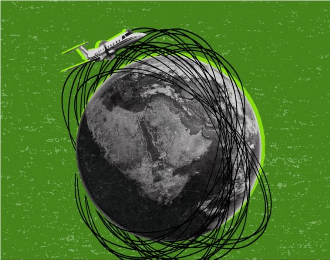 A stylised illustration of a private jet flying above a grayscale Earth, with messy black loops encircling the planet, all set against a textured green background.
