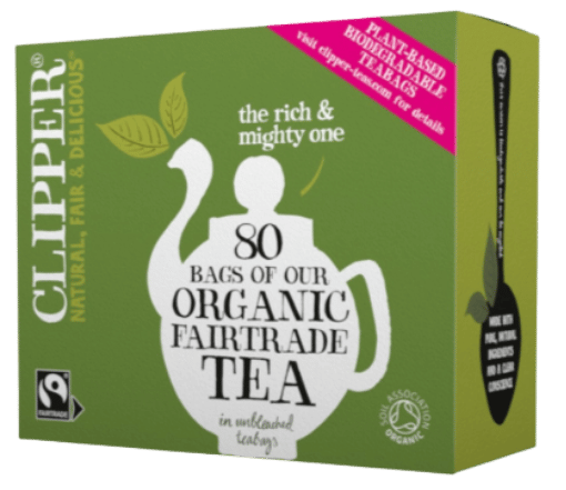 Clipper Organic Fairtrade Tea box in olive green packaging. The front features a large white teapot graphic with the text “80 bags of our Organic Fairtrade Tea” and “in unbleached teabags.” The Clipper logo appears vertically along the left side with the