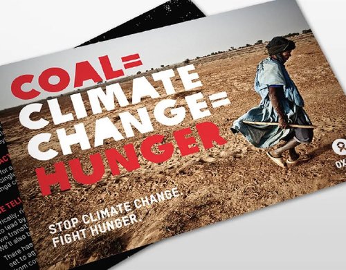 Leaflets reading 'Coal = climate change = hunger' over an image of a farmer walking across a barren landscape.