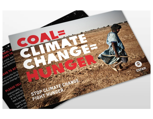 Leaflets reading 'Coal = climate change = hunger' over an image of a farmer walking across a barren landscape.