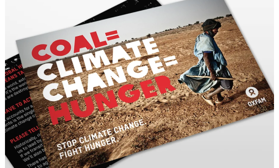 Leaflets reading 'Coal = climate change = hunger' over an image of a farmer walking across a barren landscape.