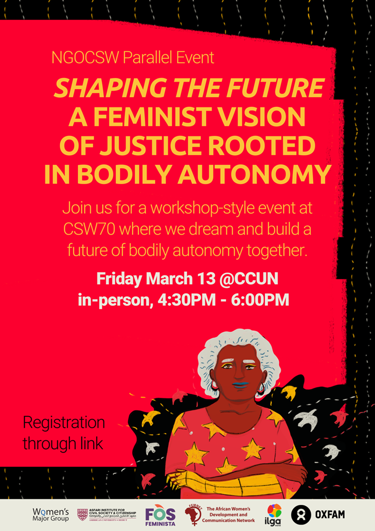 Red and black event poster featuring a cartoon person with their arms folded. The name of the event is "Shaping the future: a feminist vision of justice rooted in bodily autonomy".