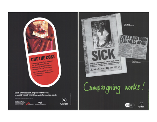 Two examples of posters supporting Oxfam's 'Cut the costs' campaign.
