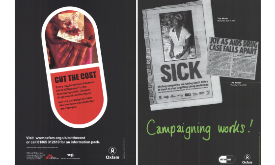 Two examples of posters supporting Oxfam's 'Cut the costs' campaign.