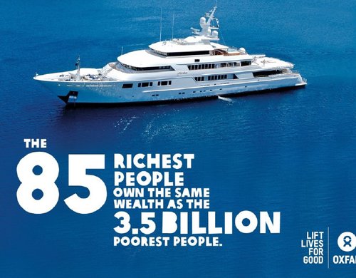 A superyacht with the words 'The 85 richest 85 people own the same wealth as the 3.5 billion poorest people'.