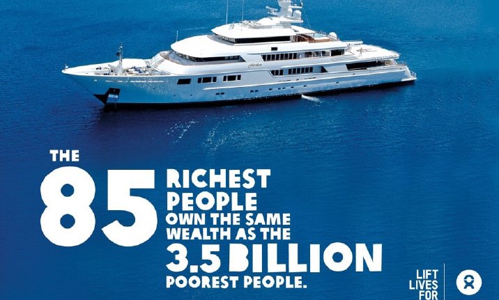 A superyacht with the words 'The 85 richest 85 people own the same wealth as the 3.5 billion poorest people'.