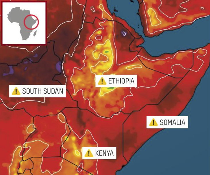 A map showing drought in East Africa.