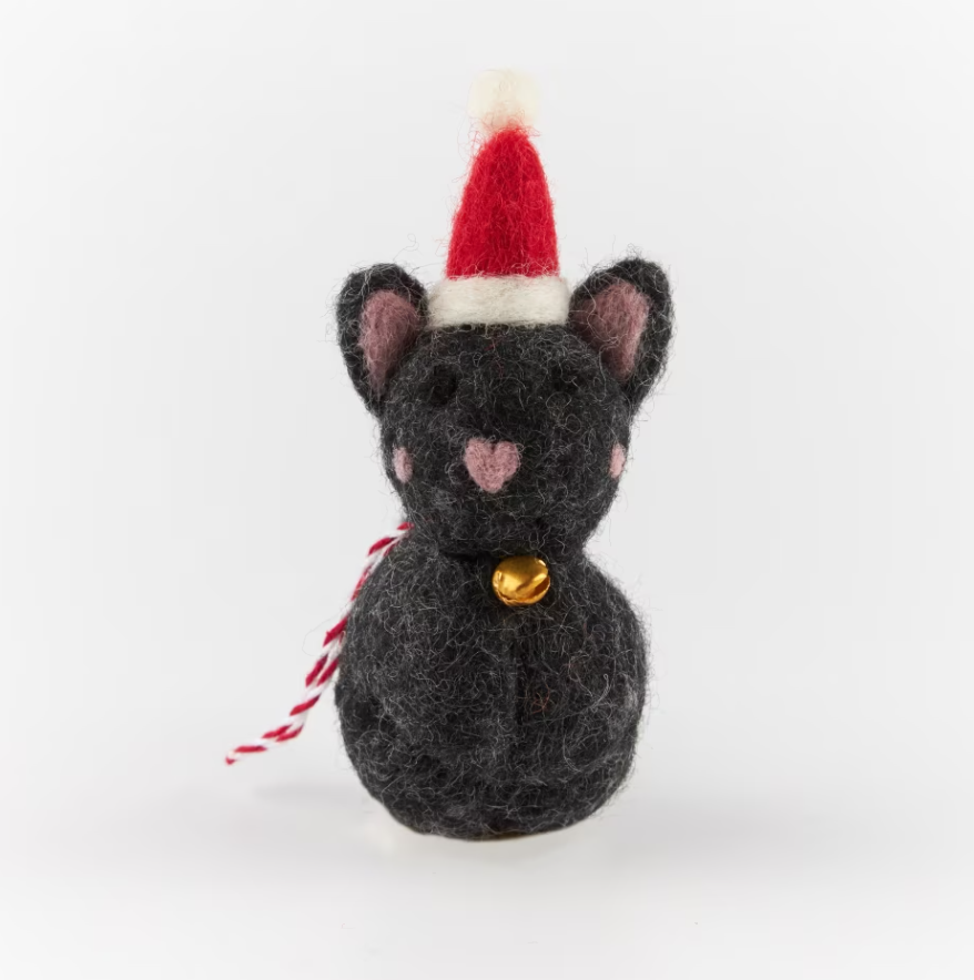 Decorative black felt cat wearing a red Christmas hat