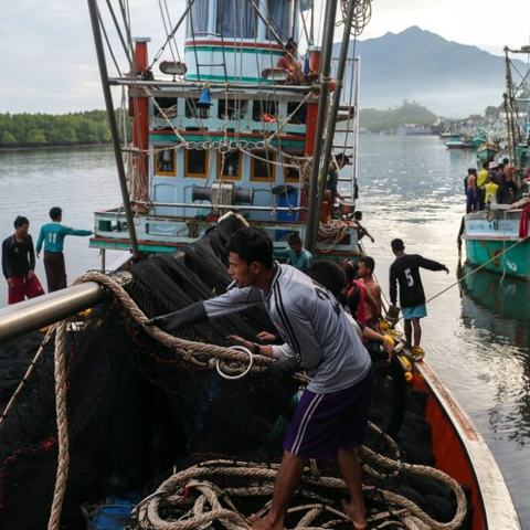 Fishing boats in a port. A man with a cigarette in his mouth is pulling on a thick piece of rope on board one of the boats.