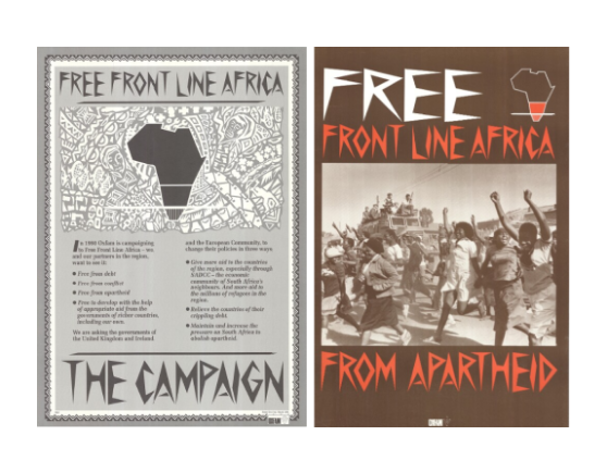 A leaflet for Oxfam's 1990 campaign, with the slogan 'Free front line Africa from Apartheid'