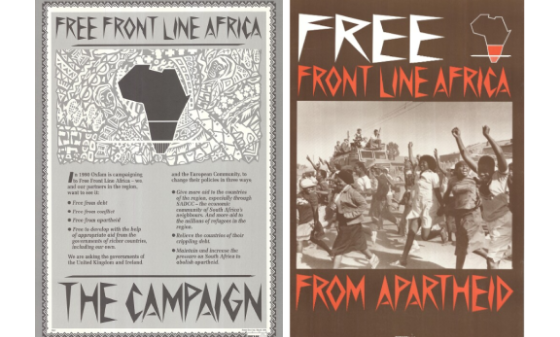 A leaflet for Oxfam's 1990 campaign, with the slogan 'Free front line Africa from Apartheid'