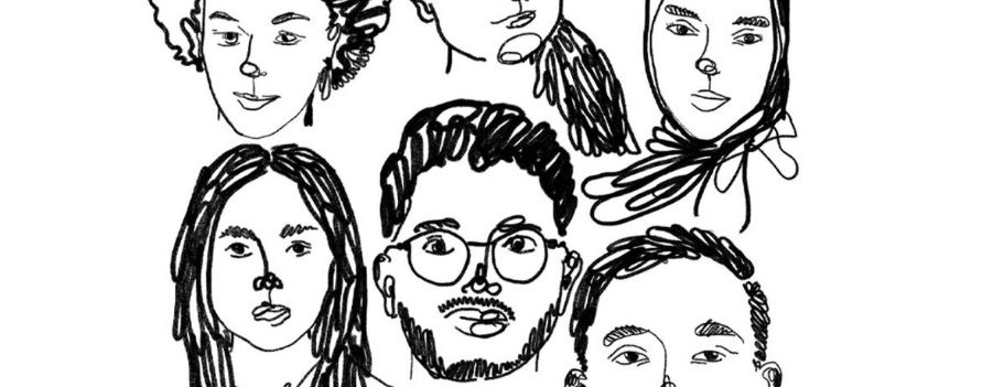 Black and white illustration of the heads of a diverse group of six people.