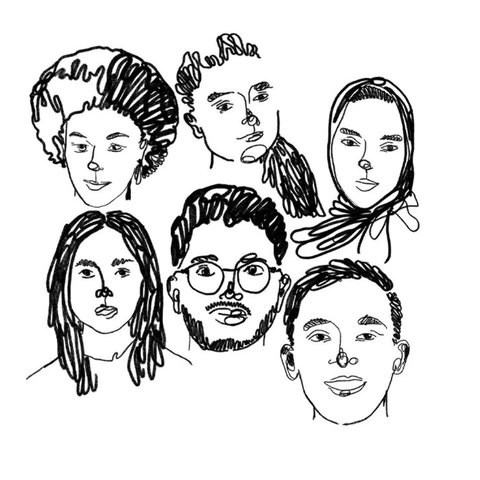 Black and white illustration of the heads of a diverse group of six people.