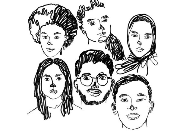 Black and white illustration of the heads of a diverse group of six people.