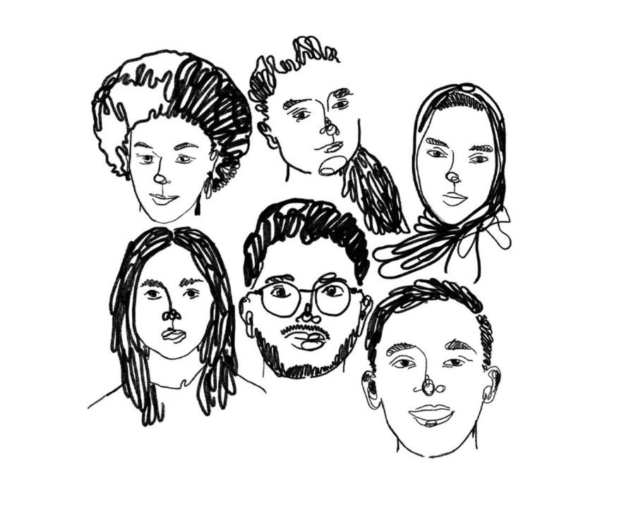 Black and white illustration of the heads of a diverse group of six people.